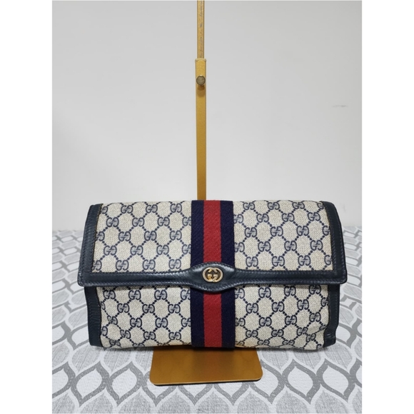 Gucci Handbags - Gucci Vintage GG Sherry Line PVC Leather Clutch Beige/Navy Blue